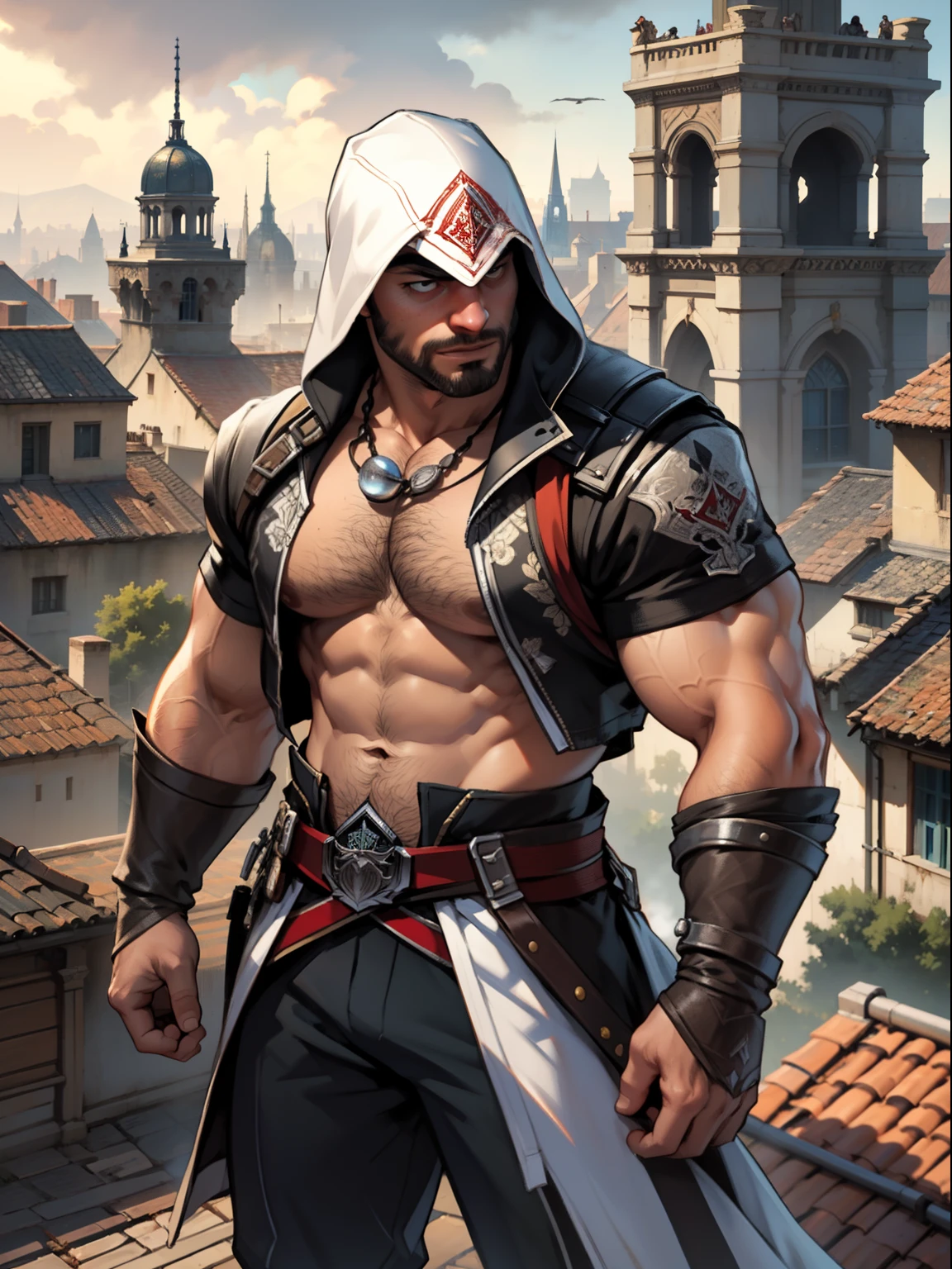 30 years old, male, assassin's creed, standing on top of a roof, panoramic view of the city, stubble, huge muscles, mature man, muscle swelling, bodybuilding, chest muscles, abs, natural light, 1man, steam punk, the dark ages, ancient European city