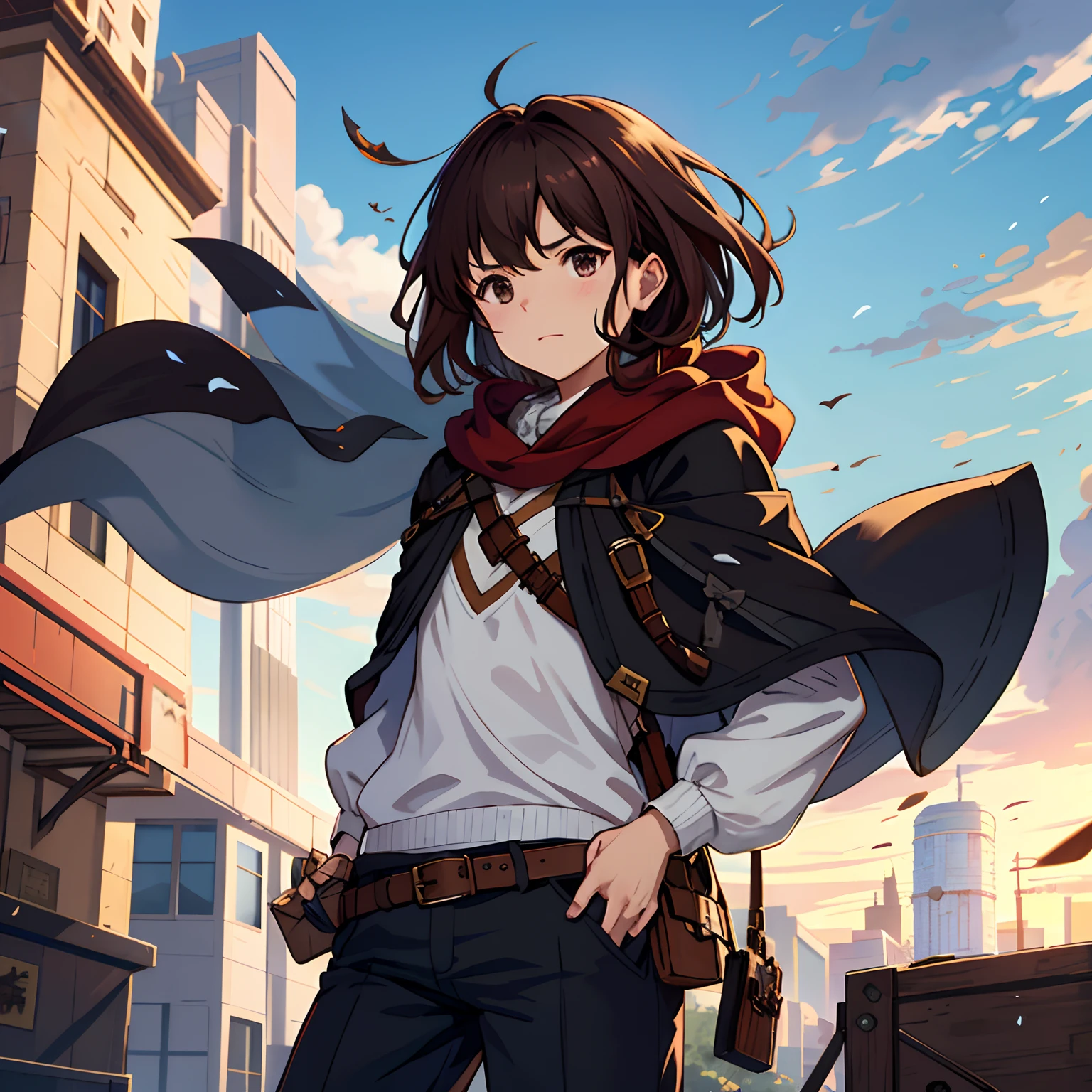 Anime girl with a cape and a sword standing in a city - SeaArt AI