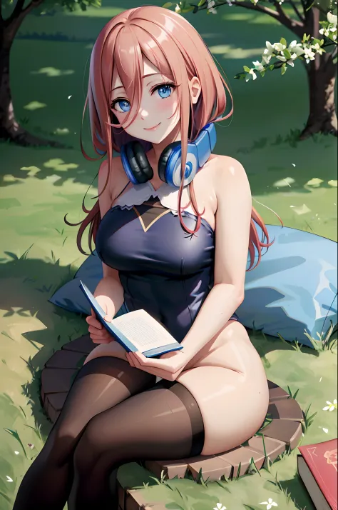 best quality, masterpiece, nice hands, perfect hands,  Miku, smile,medium  breasts, sitting under a tree, reading a book, detailed skin texture, (blush:0.5), (goosebumps:0.5), subsurface scattering,cross leg,medium thighs ,black tights,blue micro bikini