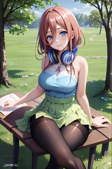 best quality, masterpiece, nice hands, perfect hands,  Miku, smile,medium  breasts, sitting under a tree, reading a book, detailed skin texture, (blush:0.5), (goosebumps:0.5), subsurface scattering,cross leg,medium thighs ,black tights,blue micro bikini