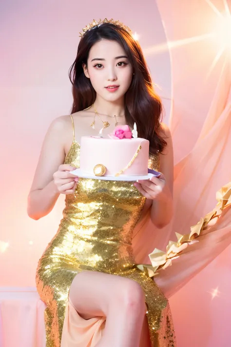 an araki woman in a glittering dress holds a cake with gold decorations, holding a birthday cake, cake in hand, photoshoot, dilr...