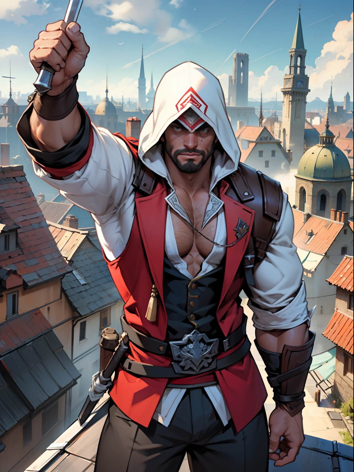 30 years old, male, assassin's creed, standing on top of a roof, panoramic view of the entire city, stubble, huge muscles, mature man, muscle swelling, bodybuilding, chest muscles, abs, natural light, 1man, steam punk, the dark ages, ancient European city, full body, assassin's creed outfit, raising arms to the sky, daggers and weapons as accessories