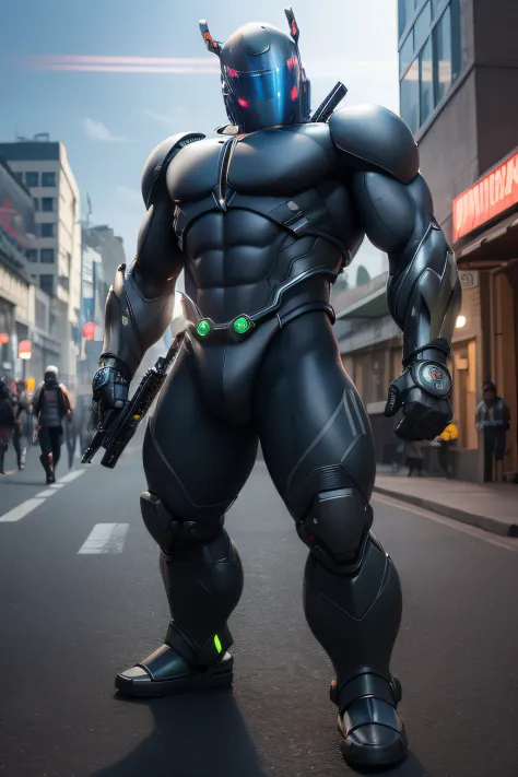 A man in a suit is standing on the street, muscular! ciberpunk, Sci-fi armor! muscular, muscular!! Sci-Fi, Fur suit for the whole body, Muscular male undead cyborg, Shot from the movie about the cyborg villain, He holds a cyborg sword in his hand, gynoid c...