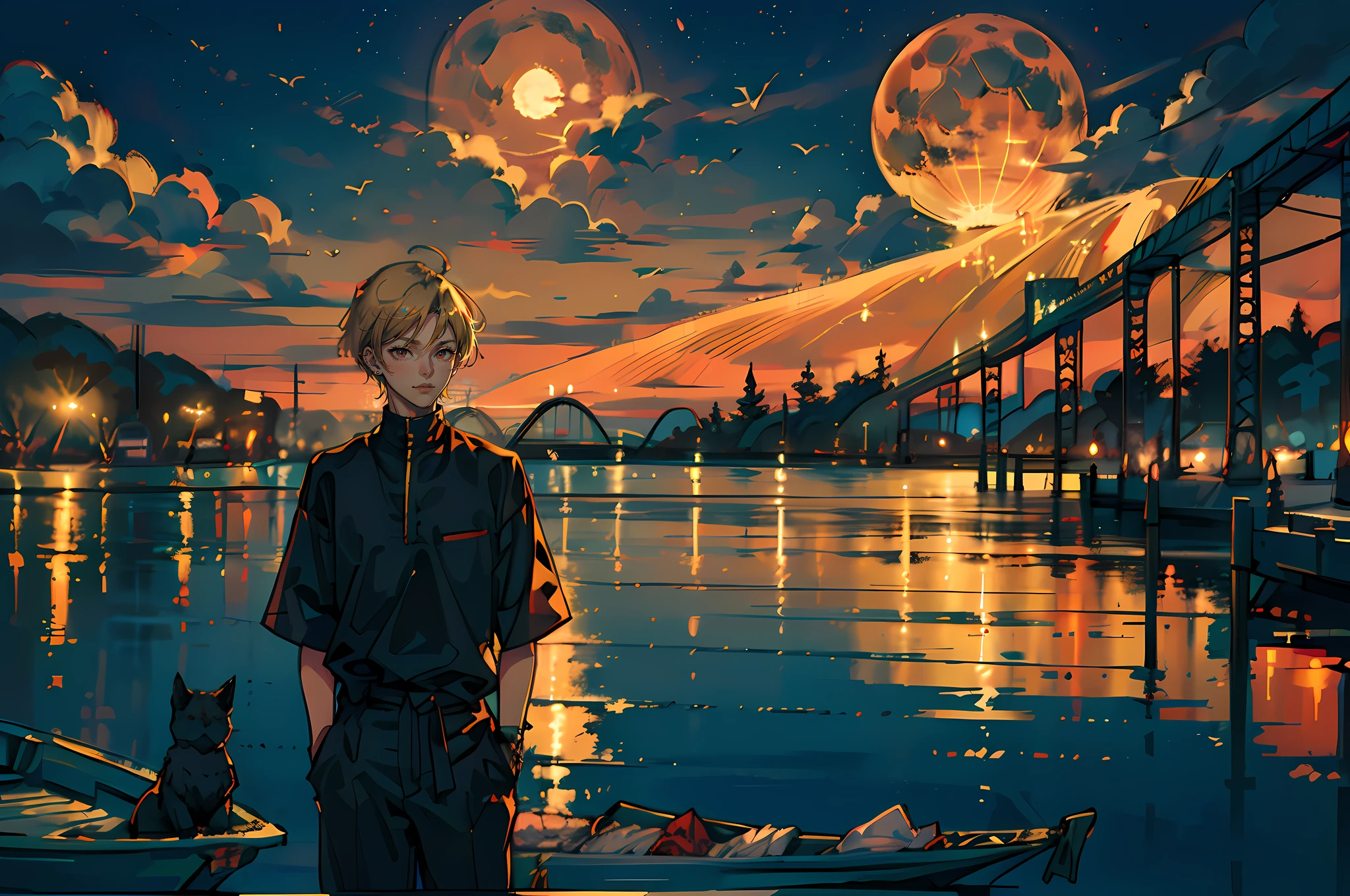 ((masutepiece: 1.4, Best Quality,Delicate)), Very short blonde hair、Red Eyes,(１Man Youth:1.3), Delicate hair,  (Big black high neck clothes:1.3),piercings, Fantastic moonlit night in the background