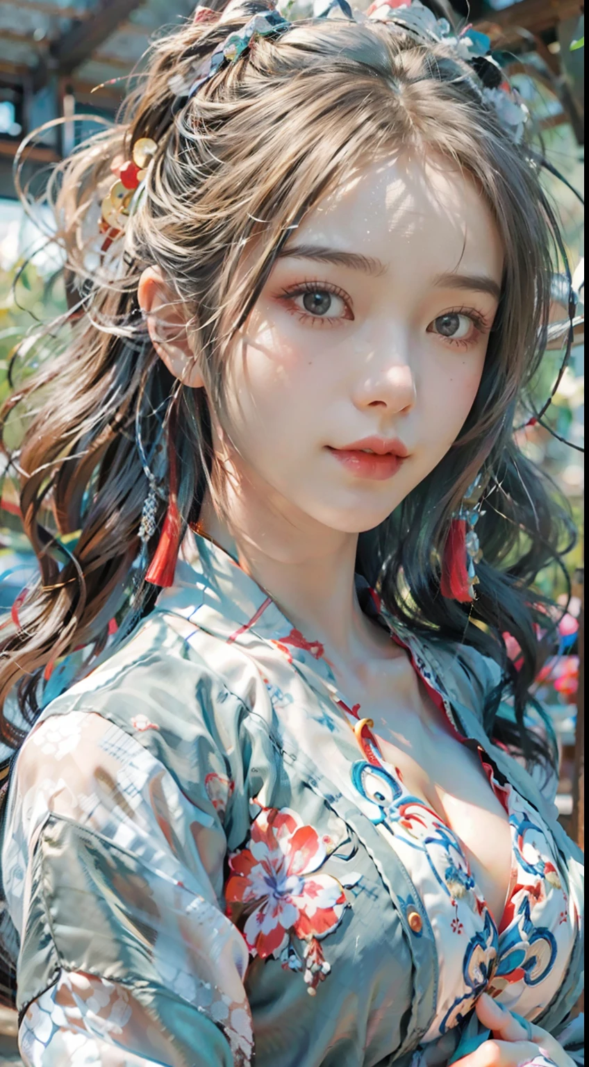 ulzang-6500-v1.1,(RAW photo:1.2), (Photorealistic:1.4), Beautiful Meticulous Girl, very detailed eyes and faces, Beautiful detailed eyes,  hugefilesize, ultra - detailed, A high resolution, The is very detailed，（（gigantic cleavage breasts，Yang beyond，））， （chiseled abs：1.1），（perfect bodies：1.1），（long whitr hair：1.2），（Silvery hair），Lace collar，full body shot shot，（（wearing a hanfu，White Hanfu，Lilac pattern）），（（Cardigan Hanfu）），（Very detailed CG 8k wallpaper），（Extremely refined and beautiful），（tmasterpiece），（best qualtiy：1.0），（超A high resolution：1.0），beautiful illumination，perfect lightning bolt，realistic shaded，[A high resolution]，Detailed skins， Hyper-detailing（（（a color））），high realistic