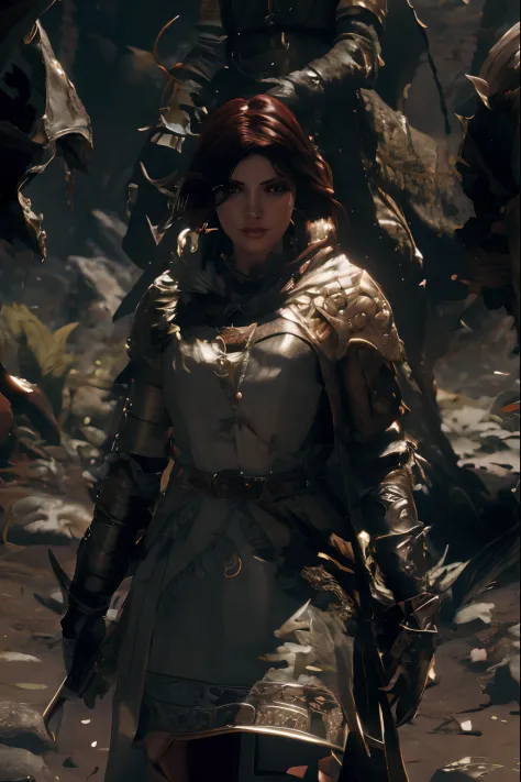 Bruxa com espada e armadura caminhando por uma floresta, picture of female paladin, retrato cavaleiro feminino, arte do personag...