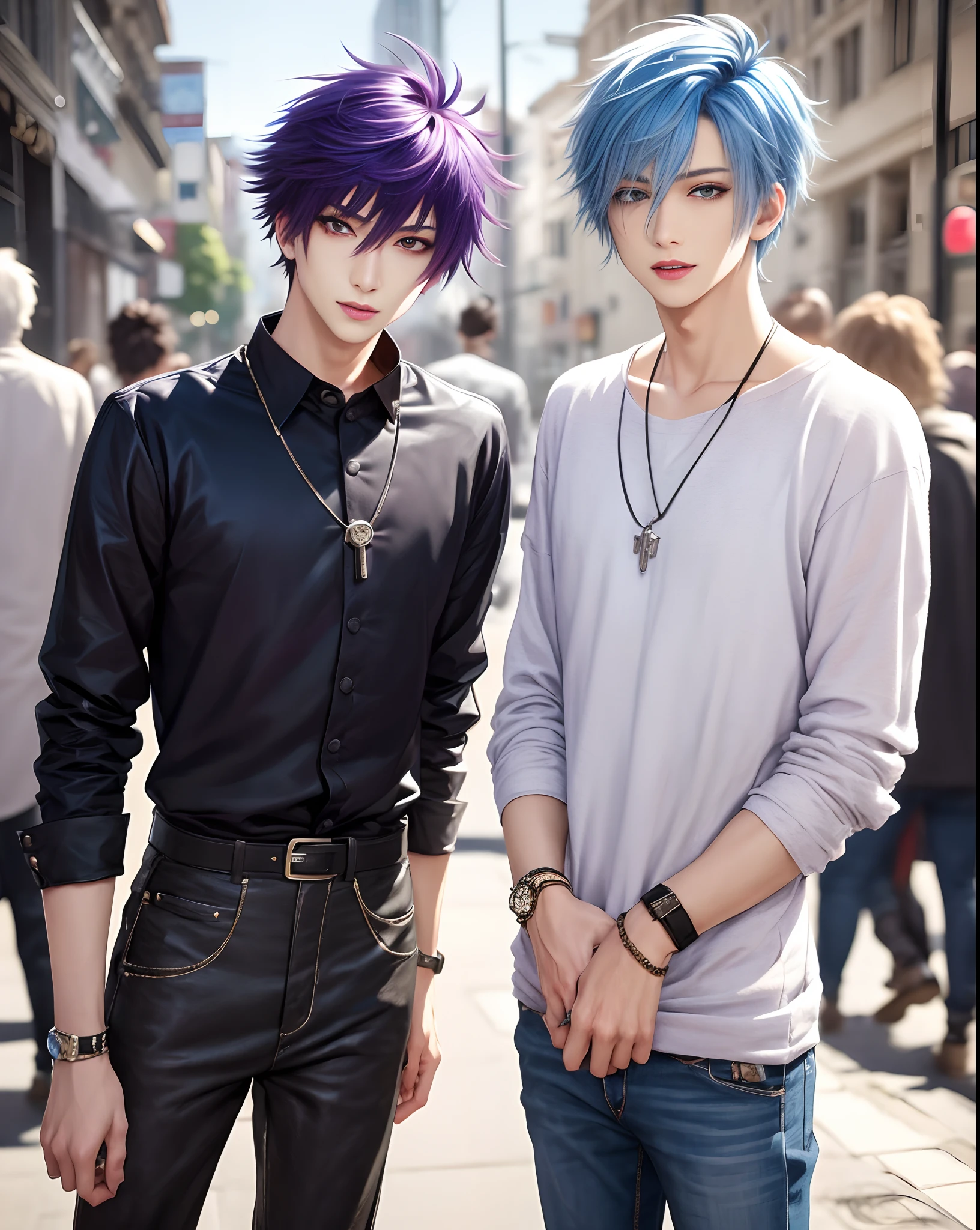 ​masterpiece, top-quality, 2Others, Male couple, 1 man and 1,, Adults, Height difference, different fashion, different color, finely eye and detailed face, intricate detailes, Casual clothing, Oversized shirt, Modern urban streets, A smile, Happiness, tenderness, queers, Boys Love, high-level image quality、 selfee, Two beautiful men、tall、The upper part of the body、nightfall、nighttime scene、𝓡𝓸𝓶𝓪𝓷𝓽𝓲𝓬、Korean Male, Idol Photos, k pop, Professional Photos, Vampires, Korean fashion in black and white, Fedoman with necklace, inspired by Sim Sa-jeong, androgynous vampire, :9 detailed face: 8, extra detailed face, detailed punk hair, ((eyes are brown)) baggy eyes, Seductive. Highly detailed, semi realistic anime, Vampires, hyperrealistic teen, delicate androgynous prince, imvu, short hair above the ears, Man with short hair, With a purple-haired man with a wild expression, Man with light blue hair with gentle expression, ((With a short-haired man with bright purple hair)), ((Man with light blue hair))