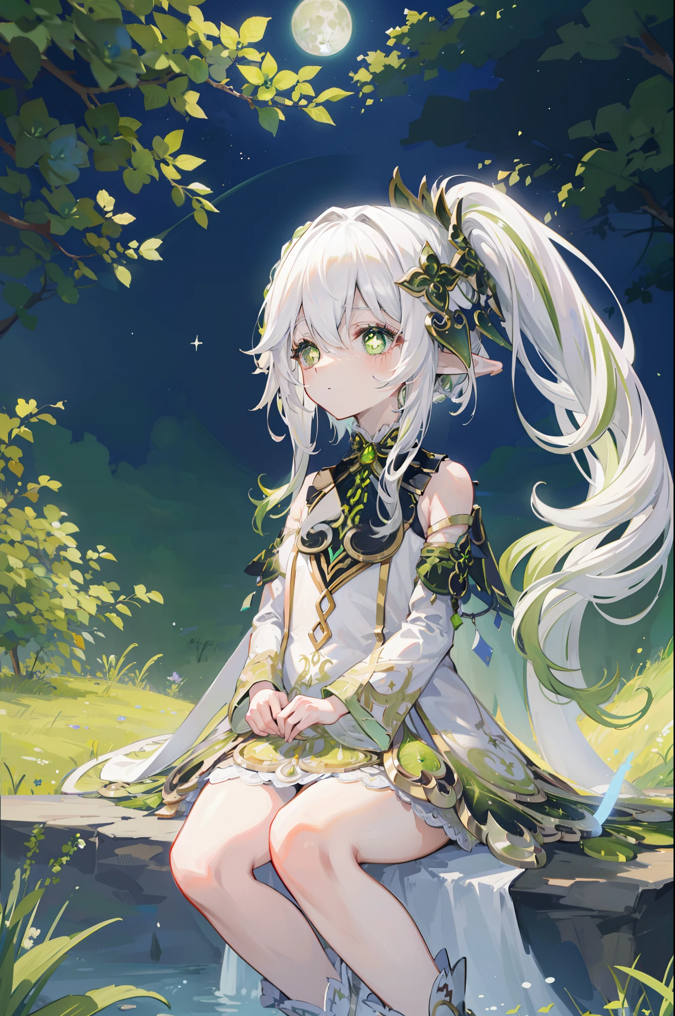 Nahida_Genshin,(White hair),cross-shaped pupils,default_dress,Green cape,simplebackground，themoon，The breath of life，green color，grassy fields，The breath of life，Gentle and powerful divinity，A sense of majesty