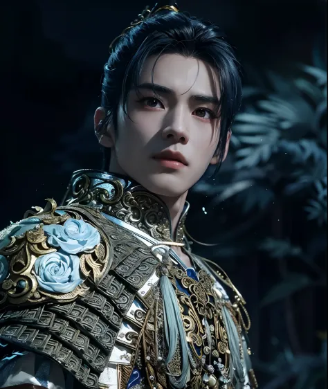 Close-up of a man dressed in gold and blue, drak, Inspired by Zhang Han, zhao yun, Cai Xukun, xianxia hero, Inspired by Huang Sh...