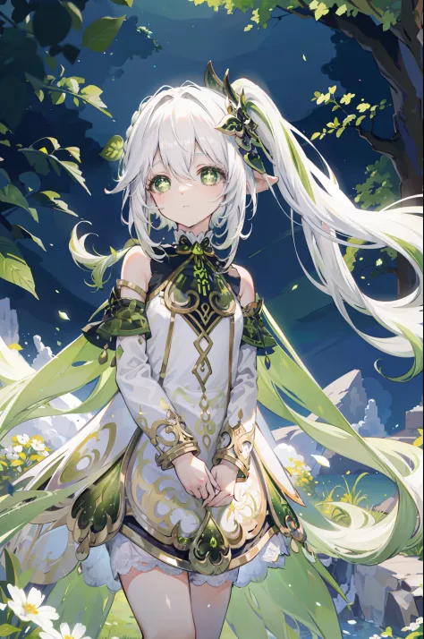 Nahida_Genshin,(White hair),cross-shaped pupils,default_dress,Green cape,simplebackground，themoon，The breath of life，green color...