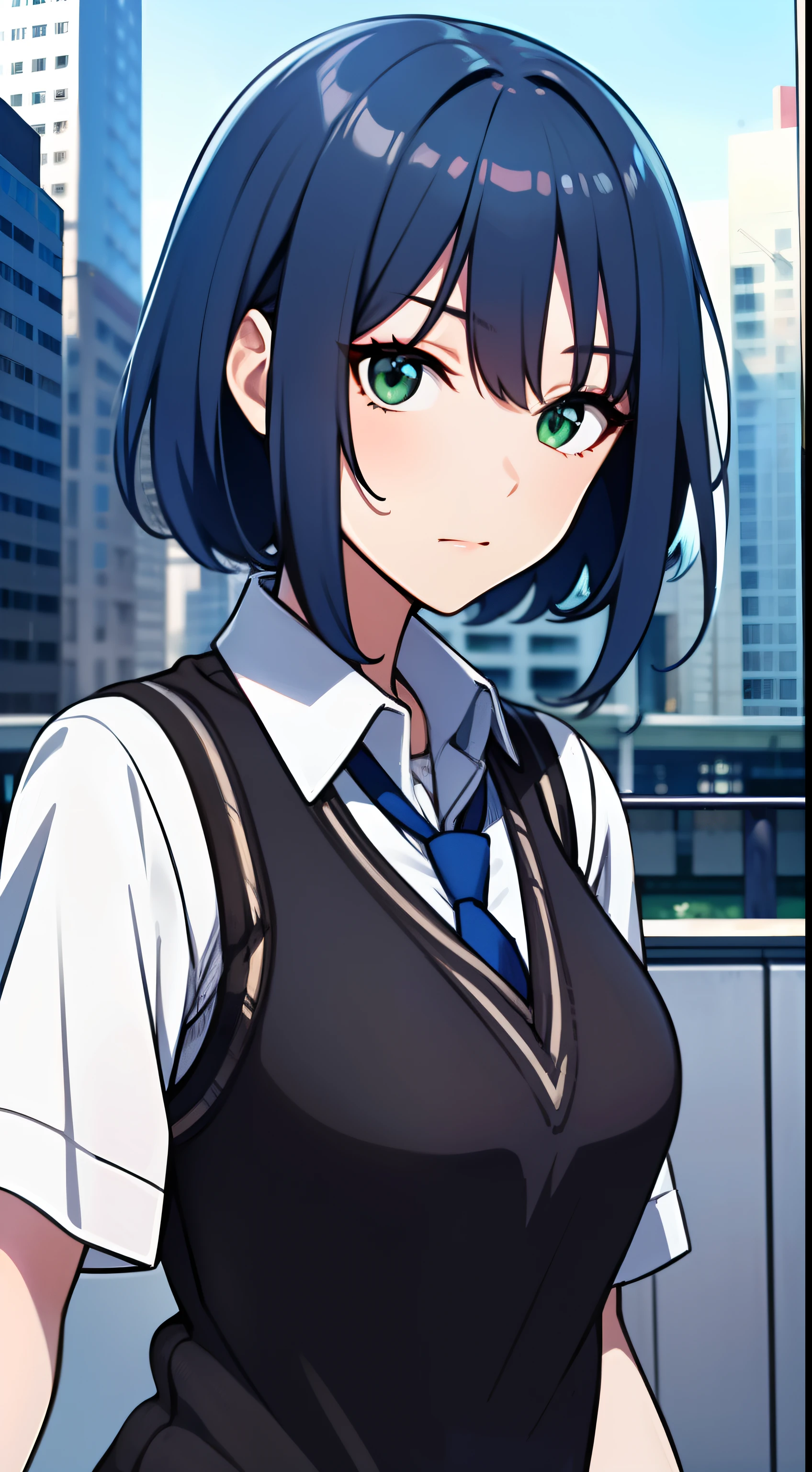 masutepiece, High quality, 8K, Beautiful lighting, 1girl in, Solo, Green eyes, Medium_hair, White shirt, Sweater Vest, Black vest, blue necktie, grey skirt, Outdoors, Upper body, Looking at Viewer, Anime, Blue hair, city, Dynamic Angle