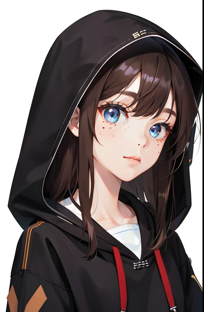 （absurderes，A high resolution，ultra - detailed），1girl，youth，brunette color hair，long whitr hair，flat bangs，黑The eye，hoody，Fine eyes and detailed face，freckle，Not smart，chinese style