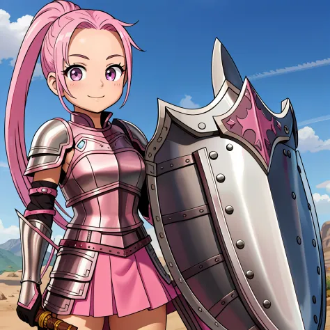 pink hair、pony tail hairstyle、brown eyes、silver armor、pink skirt、a smile、holding a shield、holding a spear、fantasia、forehead visi...