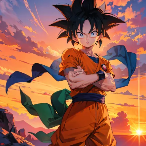 Dragon Ball Goku is standing in front of a sunset, estilo anime 4K, badass anime 8 k, 4 k manga wallpaper, arte oficial do anime...