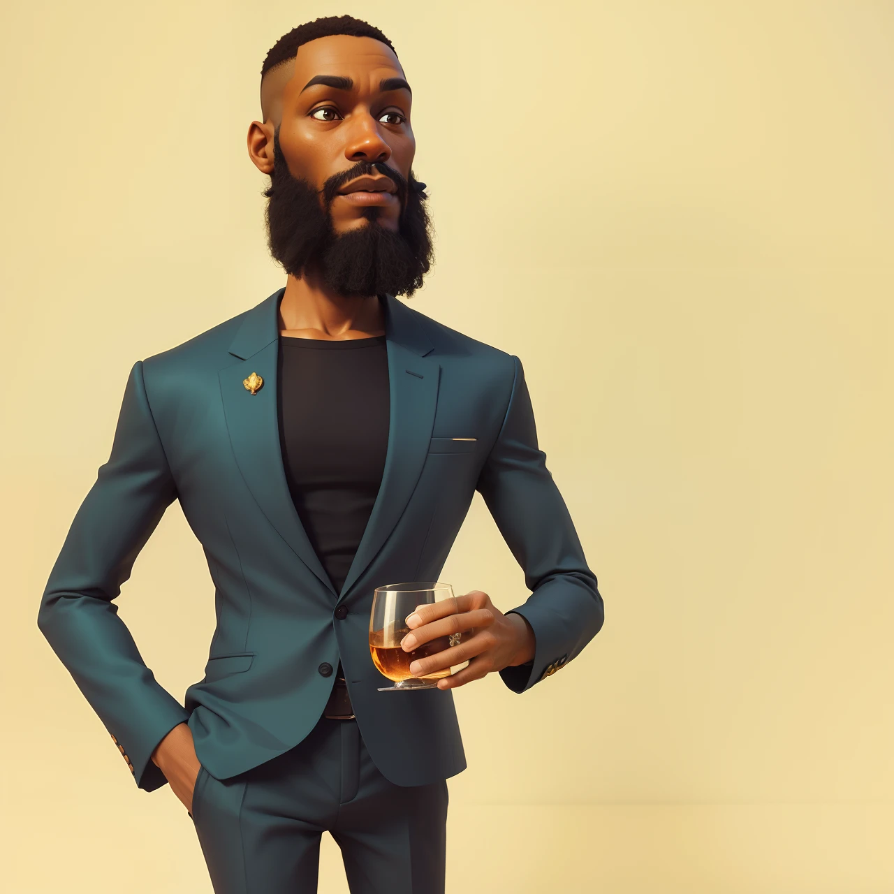 Niji style, African man in suit, holding a glass cup, hand in pocket, stylized character, 3d stylized
