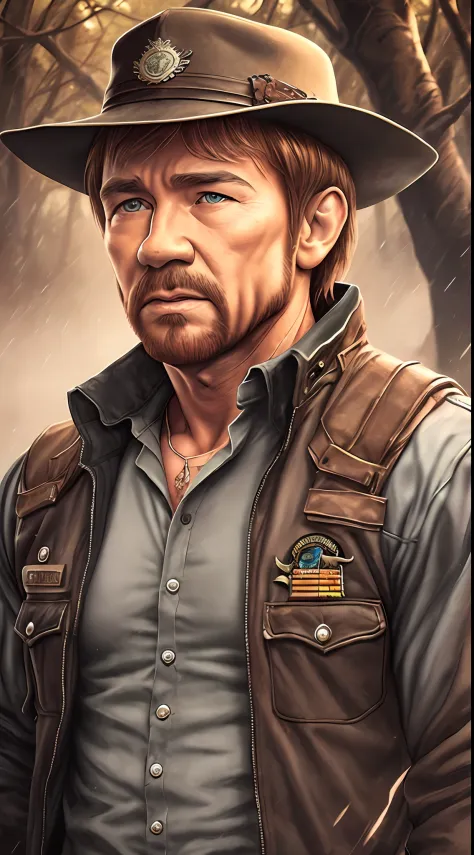 Romanticism style realistic portrait, close-up upper body ((Chuck Norris)) soldier_outfit, cool dry vintage colors, hd, UHD, intricate details, sunset, amazon jungle, dry trees, puddles of water reflecting sunbeam, Photoshop_corretions_details, greg rutkow...