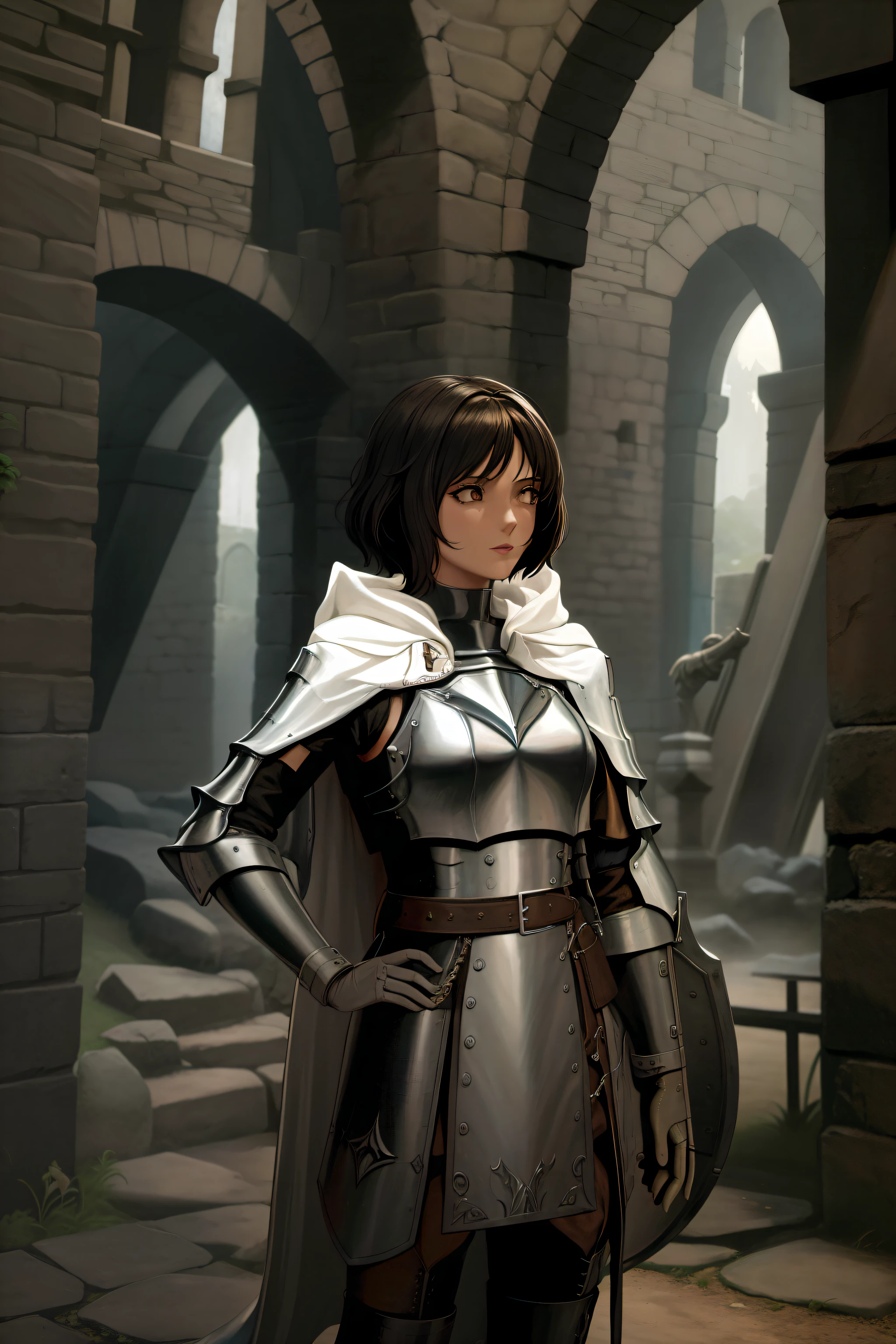 Il y a une femme en costume de chevalier debout dans un bâtiment en pierre, Portrait de la Paladin féminine, picture of paladin femelle, retrato chevalier féminin, art du personnage du moteur irréel, Petit personnage. Moteur Unreal 5, female clerc, paladin femelle, costume de paladin femme, d&#39;une belle femme chevalier, chevalier féminin, pretty female clerc, chevalier féminin bonito, clerc