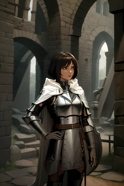 There is a woman in knight's costume standing in a stone building, Retrato do Paladino Feminino, picture of female paladin, retr...