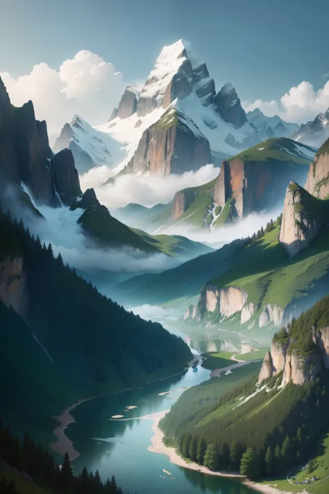 an awe-inspiring mountainous landscape. Render a scene filled with soaring peaks, cascading waterfalls, and deep valleys. Capture the beauty of nature with lush greenery, glistening lakes, and serene mountain ranges. Let your imagination soar as you paint ...