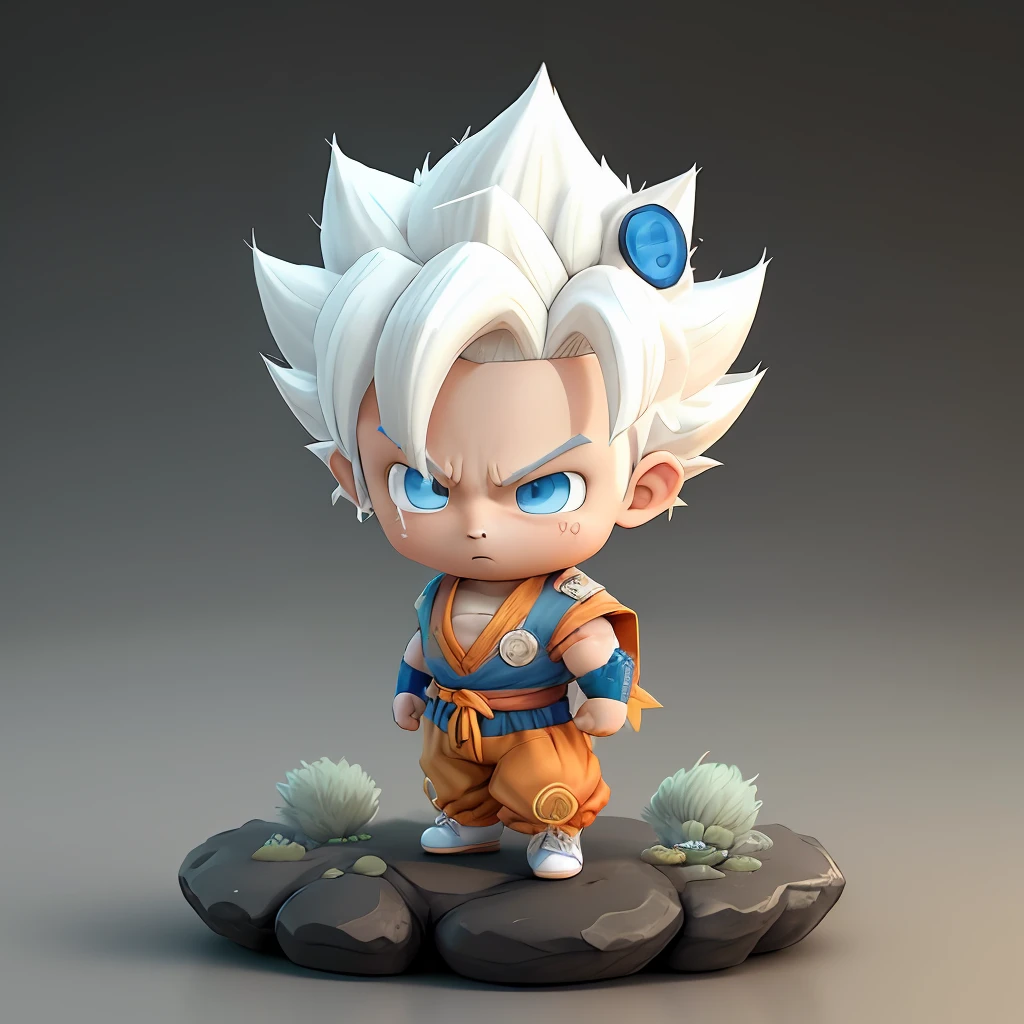 Goku, super saiyan, exquisite hair, arm depiction, white and blue hair body, exquisite shoes, eye depiction, exquisite hair, popmart blind box, clay texture, stepping on the land, black and white background, natural lighting, most good quality, super detail, 3D art, c4d, OC renderer, 3D rendering, 8k