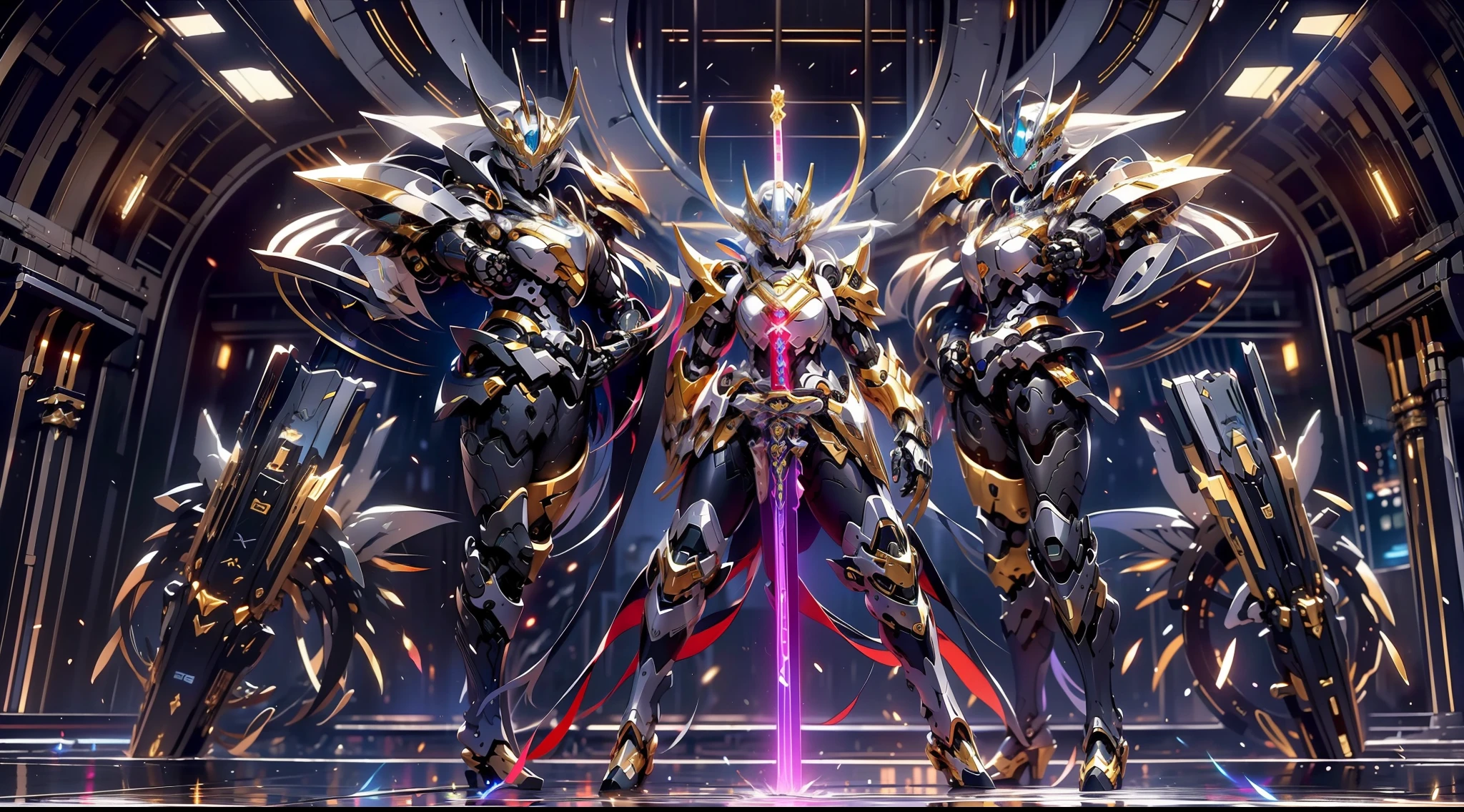 super wide shot, Full body shot, (Masterpiece) ， The best quality， High quality， （futurism：1.1）， （Paladin armed with a lightsaber, Light magic, Divine, magewave, Silver and gold）， 电影灯光， （Exquisite future）， Beautiful and beautiful， Ultra detailed， great composition， Floating， Depth of field， （Very detailed CG，Unity 8k壁纸）， （Beautiful detail background）， Beautiful hair details， dramatic lights， GOGETTA， Mecha，best qualtiy，超高分辨率，Photorealistic