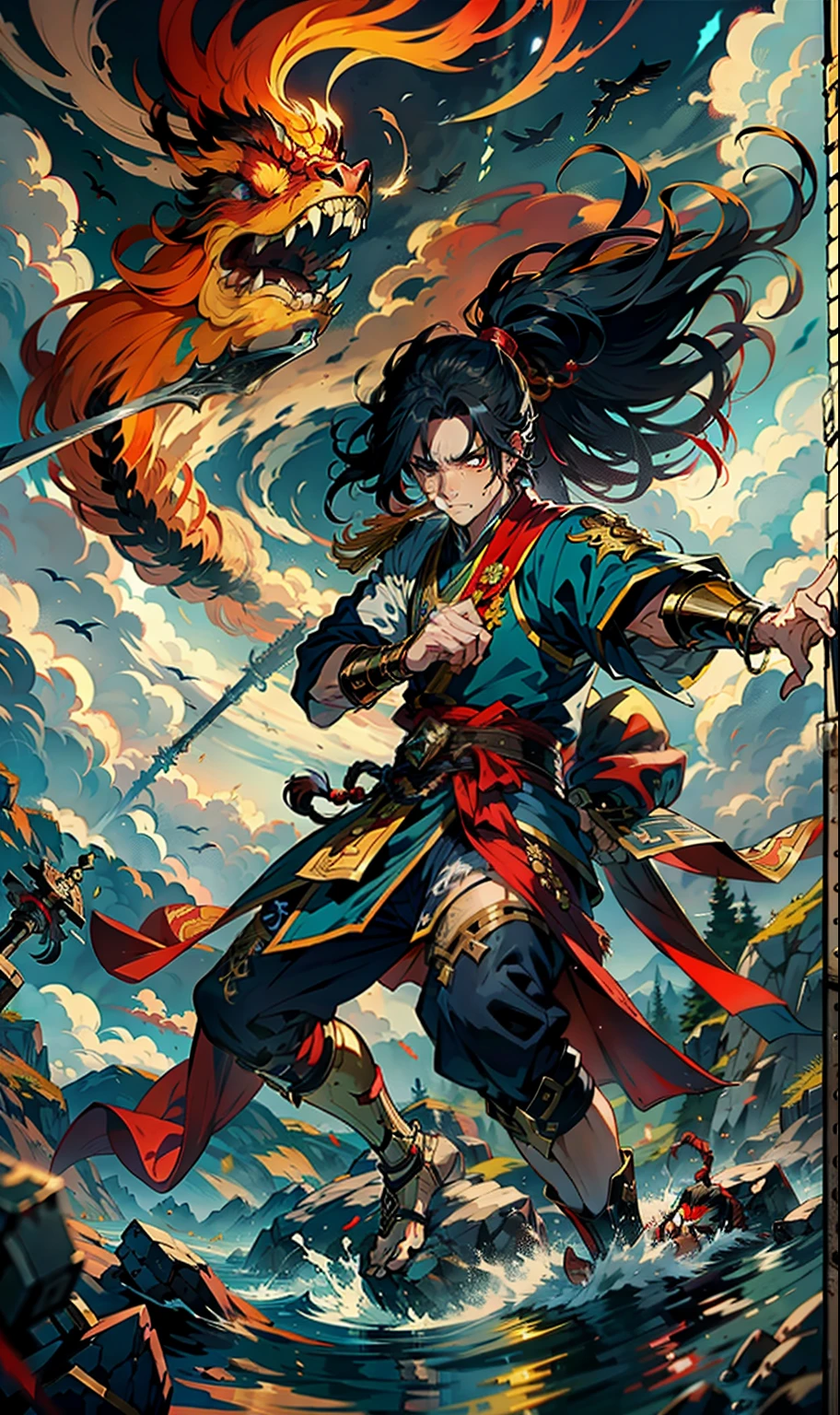 1boys， blood on a face， irate， With a spear， （fly）， Chinese mythology， cloudiness， Detailed sky， abstract background， （loimu_surge_Style：0.5），demonic third eye，Hair Coiled，Hair in a ponytail，Dressed in armor，Strong body，tall，Spear in hand，The body floats in the sky，