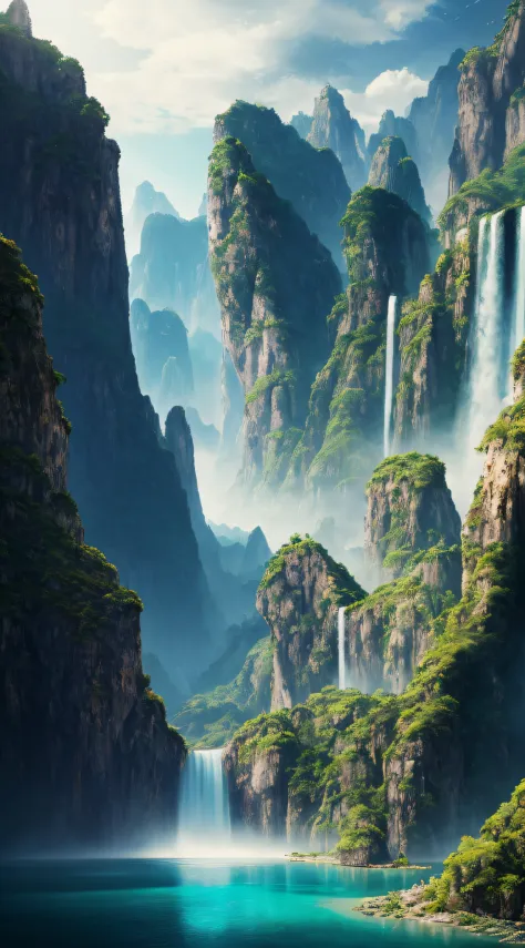 Masterpiece, best quality, high quality, extremely detailed CG unity 8k wallpaper, landscape, outdoor, sky, cloud, sky, no humans, mountain, landscape, water, tree, blue sky, waterfall, cliff, nature, chinese architecture, lakes, rivers, cloudy skies, awar...