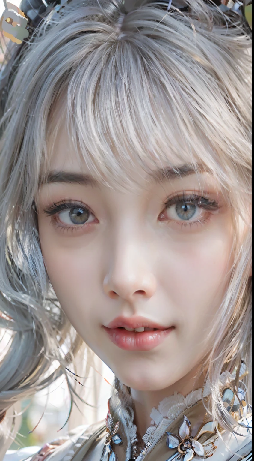 ulzang-6500-v1.1,(RAW photo:1.2), (Photorealistic:1.4), Beautiful Meticulous Girl, very detailed eyes and faces, Beautiful detailed eyes,  hugefilesize, ultra - detailed, A high resolution, Super clear，The is very detailed，（（chiseled abs：1.1），（perfect bodies：1.1），（long whitr hair：1.2），（Silvery hair），Lace collar，（（wearing a hanfu，White Hanfu，Lilac pattern）），（（Cardigan Hanfu）），（Very detailed CG 8k wallpaper），（Extremely refined and beautiful），（tmasterpiece），（best qualtiy：1.0），（超A high resolution：1.0），Beautiful light，Perfect light，realistic shaded，[A high resolution]，Detailed skins， Hyper-detailing（（（a color））），high realistic，bust