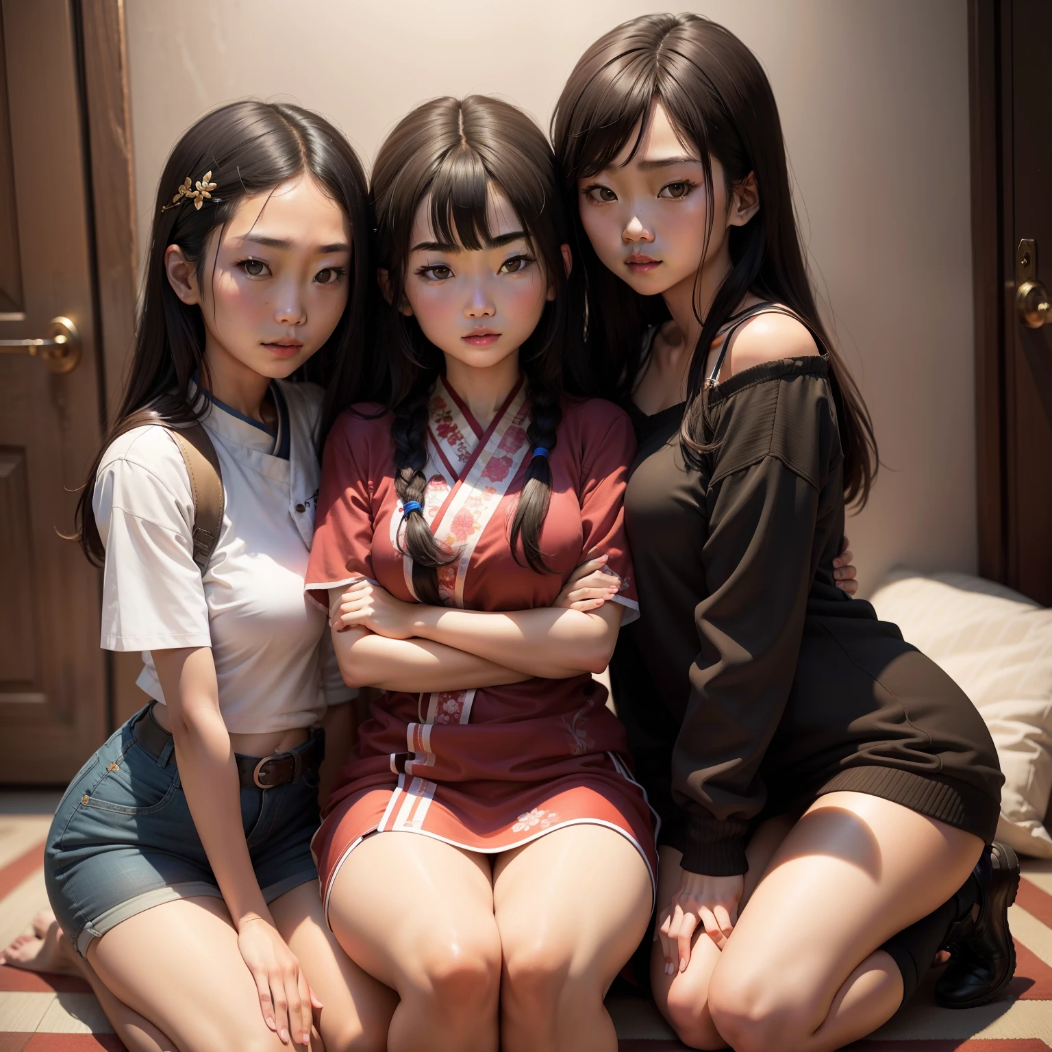 Three asian women sitting on a bed with their arms crossed - SeaArt AI