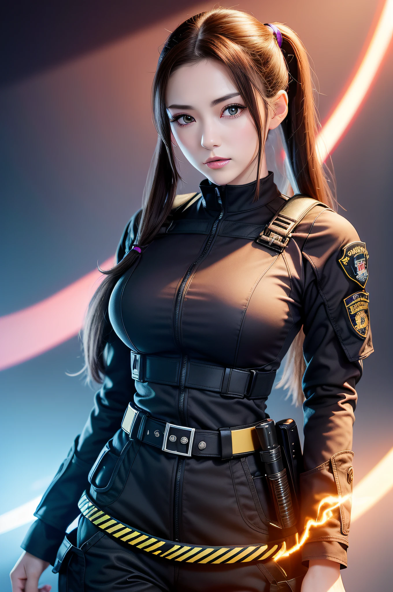 brunette color hair,(pony tails),largeeyes,full bodyesbian,Japan beauties,Korean Idol,45 yers old,(small tits),flatchest,top-quality,Masterpiece,8K,Cowboy shot,1 woman, Elegant beauty, Radiant skin, Detailed facial expressions, (Style dynamic:0.8),Heavy weapons girl ,swat,Female nun,Emergency Service Units,（（（Wear tactical SWAT clothing,））），Summon spell arrays, midriff,Hyper-realistic details, Glowing magical energy, Japan,toyko,Night scene,Tokyo Tower,Metropolitan Police Department,Anti-monster squad,stand posture,determined expression, Armor details, Detailed background,Powerful aura,