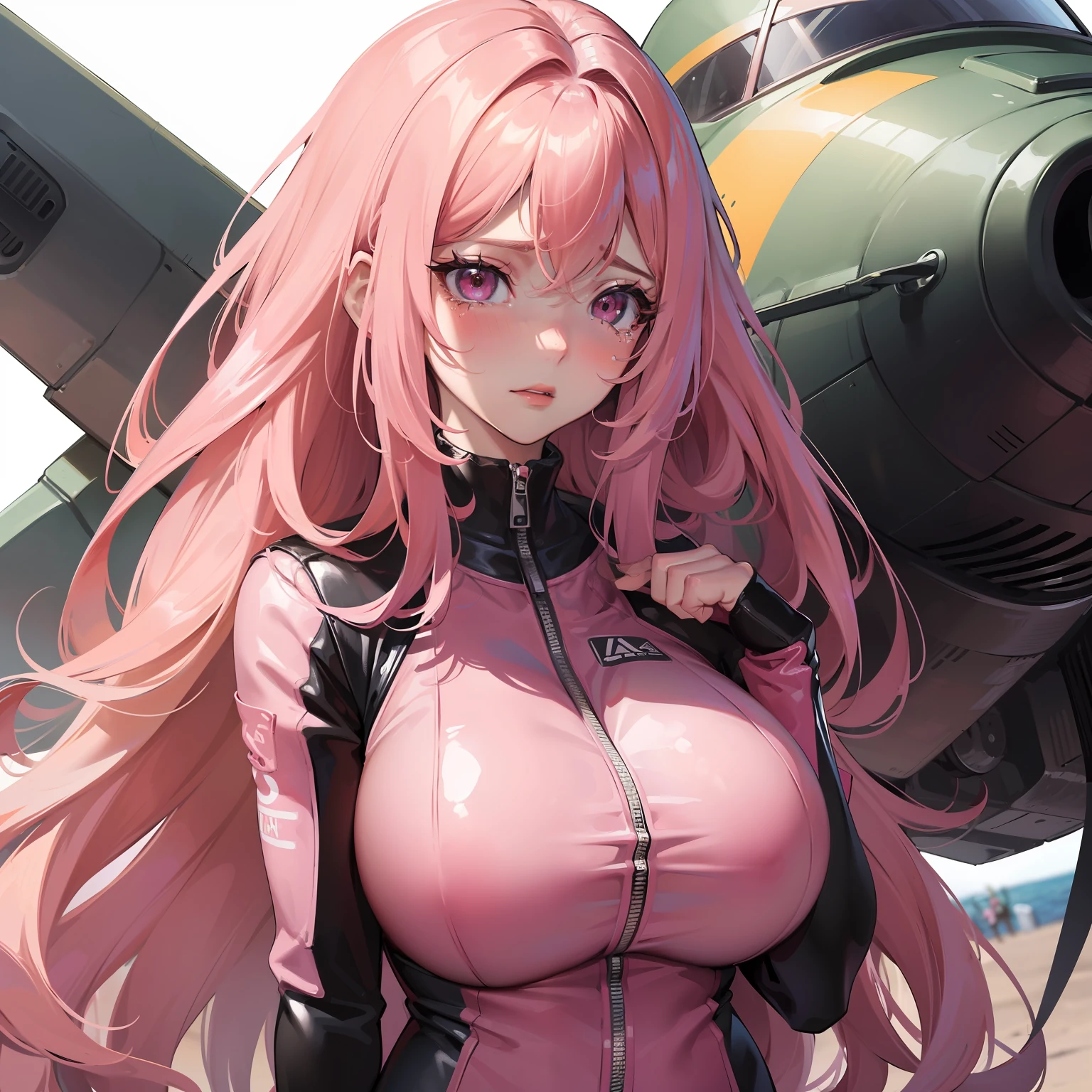 Anime girl in pink leather outfit standing next to a plane - SeaArt AI