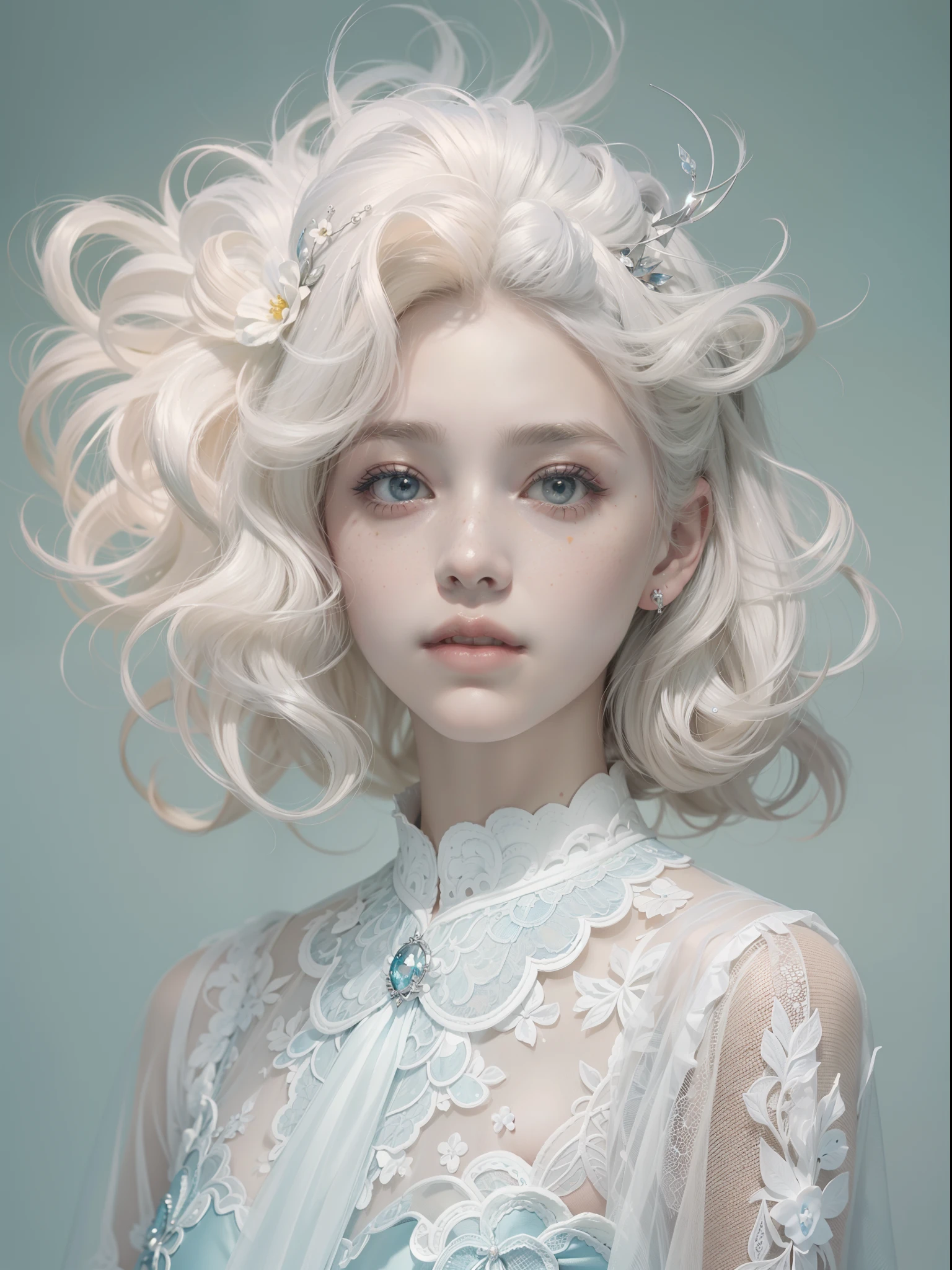beautiful a girl(Solo)、Photo、Fantastical、(Loretta Luxe:1.3)、PastelColors:0.6、hitornfreckles、surrealism:1.4、highcontrast、ultra-detailliert、8K、Surreal hairstyle(white gold)、Poses、