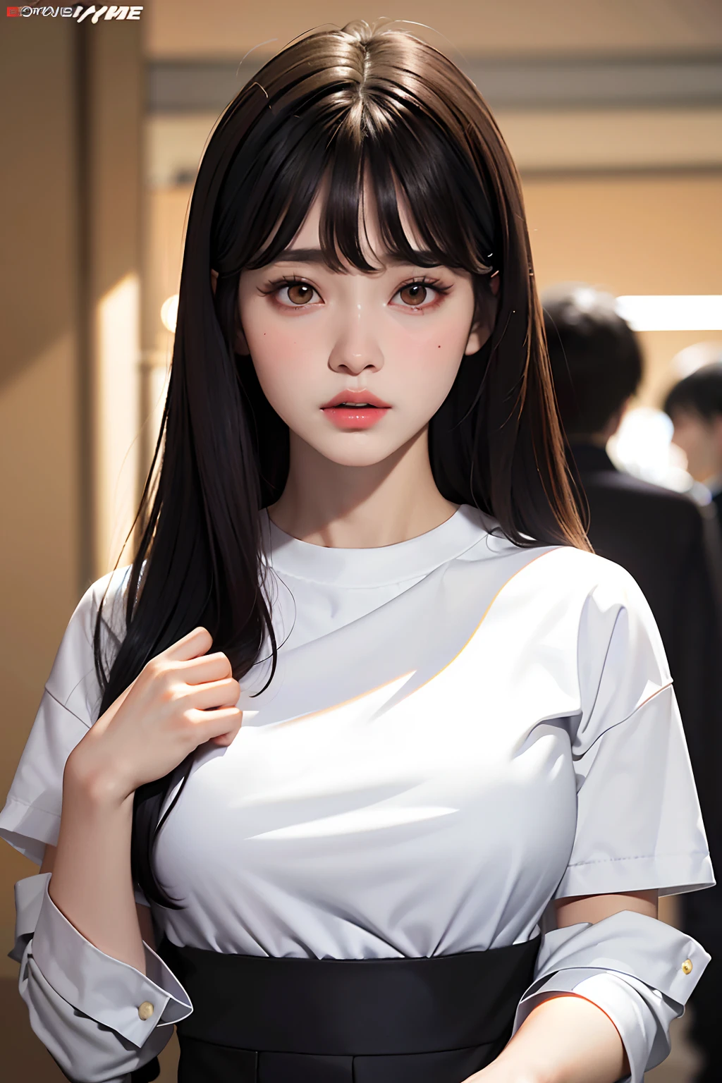 A close up of a woman with long hair wearing a white shirt - SeaArt AI