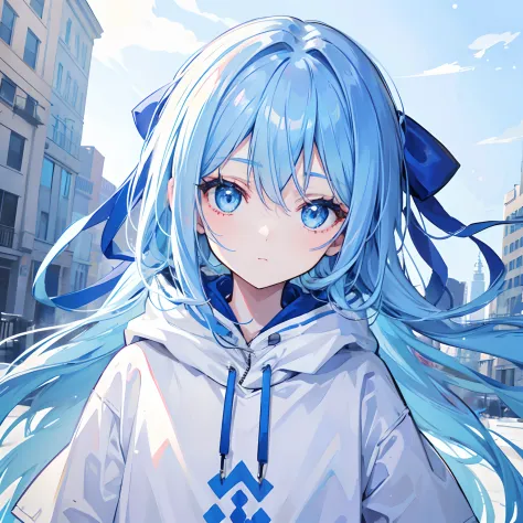 1girl,light blue hair,blue eyes,hair ribbon,blue hoodie,winter,looking at viewer,profile picture