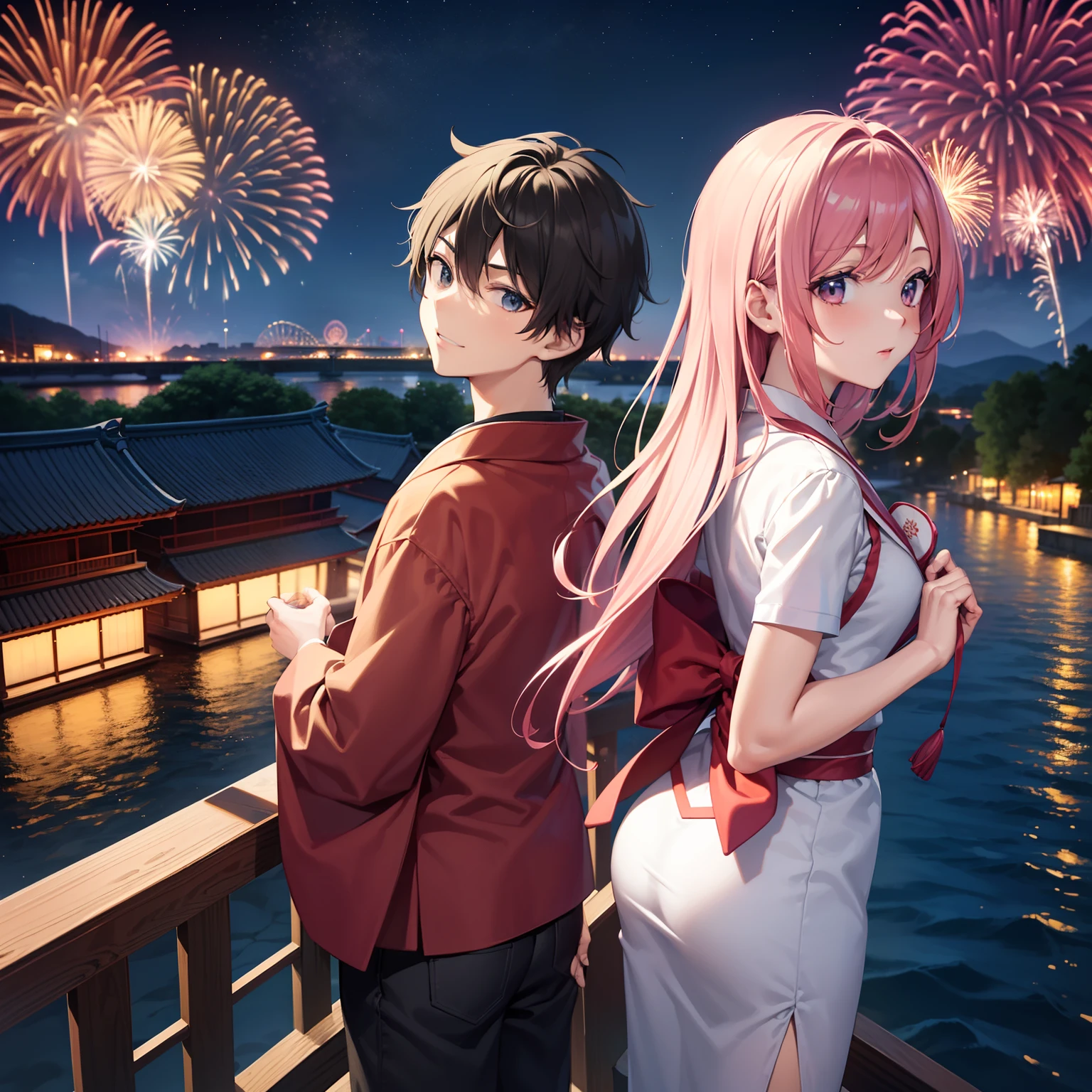 {{{{{masutepiece,Best Quality,ultra-detailliert}}}}},1 boy and 1 girl,watching Fireworks where craftsmen offer fireworks,posterior view,crowd,Beautiful Japan riverbed background,8Krear view,