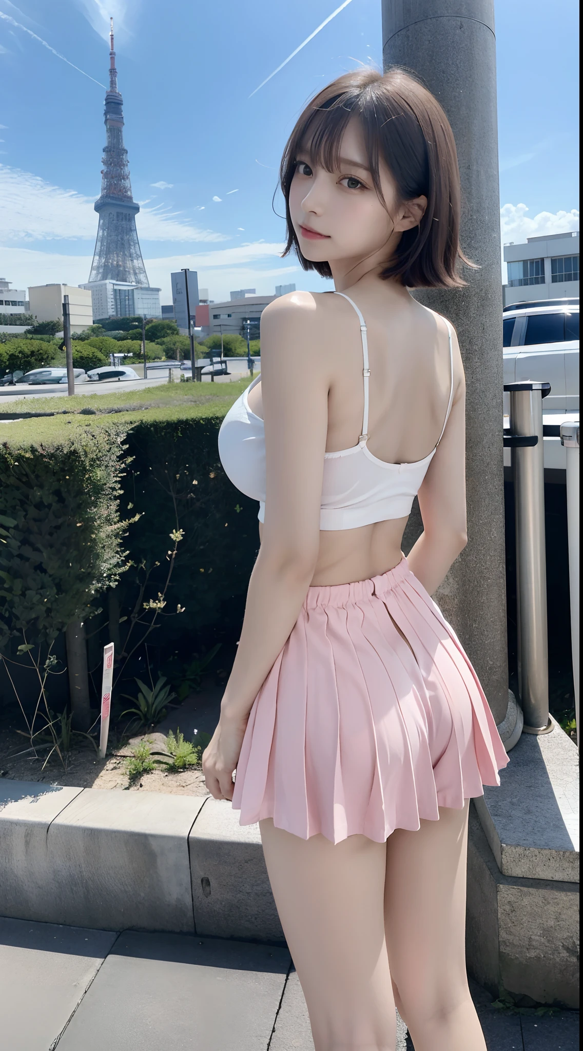 A close up of a woman in a pink skirt and white top - SeaArt AI