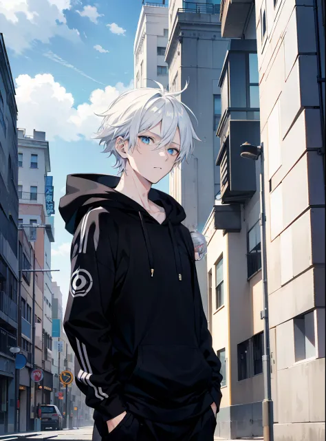 Manga cover art, male with white hair, blue eyes, in a black hoodie, looking into the distance, masterpiece, fashion