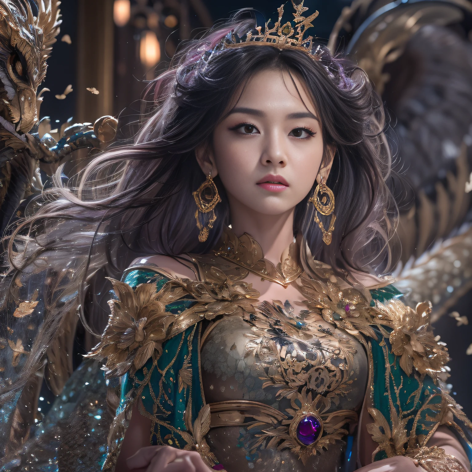 16k（tmasterpiece，k hd，hyper HD，16k）short detailed hair，Gold jewelry area in the back room，Smoke ring girl ，Bronze Dragon Protector （realisticlying：1.4），Python pattern robe，Purple-pink tiara，Snowflakes fluttering，The background is pure，Hold your head high，Be proud，The nostrils look at people， A high resolution， the detail， RAW photogr， Sharp Re， Nikon D850 Film Stock Photo by Jefferies Lee 4 Kodak Portra 400 Camera F1.6 shots, Rich colors, ultra-realistic vivid textures, Dramatic lighting, Unreal Engine Art Station Trend, cinestir 800，Hold your head high，Be proud，The nostrils look at people