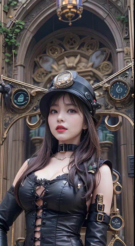 Extreme close-up shot of a beautiful woman in black leather costume posing for photo、Garter Belt、Steampunk Pin-Up Girl、Steampunk...