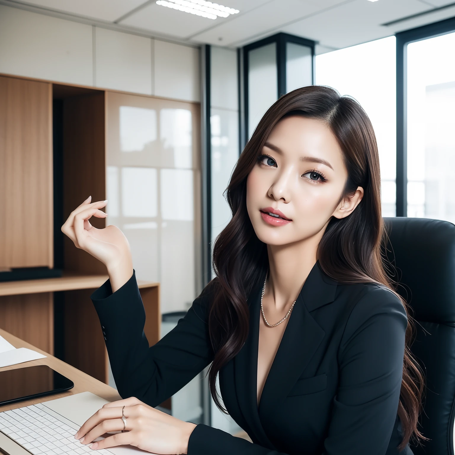 Créer l&#39;image d&#39;une femme professionnelle japonaise habillée en employée de bureau (OL). Elle porte un blazer noir ajusté et、、Je porte un chemisier blanc impeccable en dessous. Ses costumes respirent la sophistication, Et、Un collier en argent délicat ajoute de l&#39;élégance." Ses cheveux noirs sont soigneusement ramenés en un chignon à la mode, Met en valeur ses traits du visage forts et gracieux. Derrière elle, Environnement de bureau moderne avec des lignes épurées et un décor élégant、Montre son environnement de travail