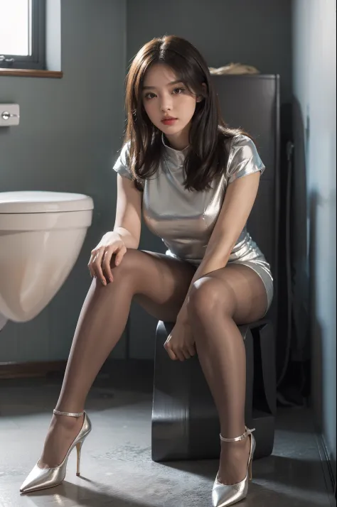 (full body:1.5)，(1girl:1.3),(view the viewer:1.4)，(anatomy correct:1.3),(Sitting in the toilet:1.2),(A Silver High waisted dress :1.2),( Very thick Lime Pantyhose:1.3),( girl pointed thick heels :1.1)，(Accurate and perfect face:1.3),hyper HD, Ray traching, reflective light， structurally correct, Award-Awarded, high detail, lighten shade contrast, Face lighting ，cinematic lighting, masterpiece, super detailing, high quality, high detail, best quality, 16k，High contrast,