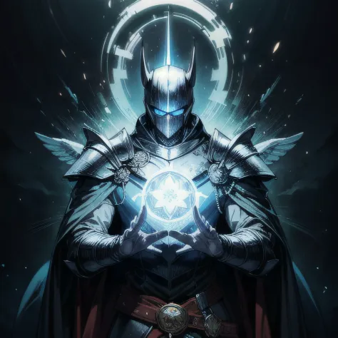 round logo portrait of dark royal knight, full plate black armor, holding blue-glowing legendary sword with both hands, (magic f...