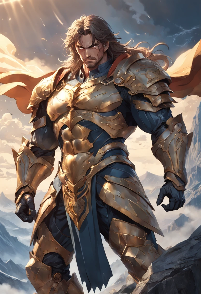 a close up of a person in armor holding a sword, Complex armor patterns，golden armor，Stand on top of a high mountain，Clouds in the sky surround the sun，(professional 3d render:1.3) of (Realistic:1.3) The most beautiful artistic photo in the world，soft features, Brilliant male hero, ((Epic hero rough fantasy muscular male wet hero angry looks long hair, Intense expression of short beard and dynamic pose, Fantastic location, Majestic and cluttered environment)), Full body 8k unit rendering, action  shot, skin pore, very dark lighting, heavy shading, A detailed, Detail Make, (vibration, Realistic photography, Realistic, Dramatic, darkly, sharp focus, 8k), (Old leather clothing damaged due to bad weather:1.4), ((((Use skins)))), (complex:1.4), decadent, (highly  detailed:1.4), digitial painting, rendering by octane, art  stations, concept-art, smooth ass, sharp focus, illustration, From the budding of art, (loish:0.23), wlop ilya kuvshinov, and Greg Rutkowski and Alphonse Mucha Gracias, (global ilumination, studiolight, Amount of light), very heavy rain, Floating particles, lotr, fanciful, we, Wholeesbian body, ((Dark and ancient city background:1.3)),CGSesocieda,art  stations