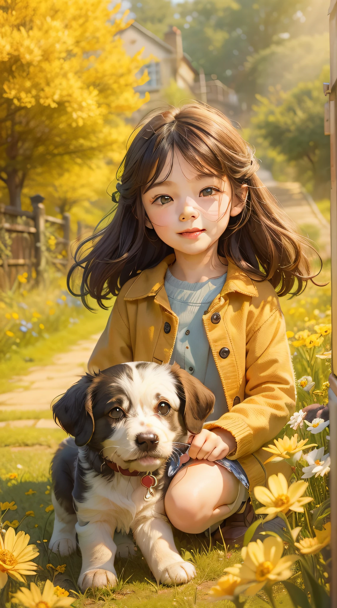 迷人的 ，布鲁内特和她可爱的小狗，享受美丽的黄色花朵和大自然环绕的春日郊游。乡间小路，带围栏的小屋，插画为4K分辨率高清插画，具有非常详细的面部特征和卡通风格的视觉效果。