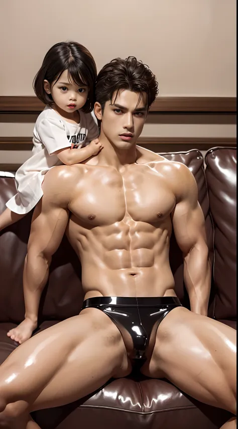 ((2 people)), (((1 boy and little girl))), Sitting on the sofa, Movie quality, ((nakeness)), fuse, Handsome face, Black panties, musculous, Cowboy shot, lineup, Masterpiece, Anatomically correct，(Glossy glossy skin:1.5)