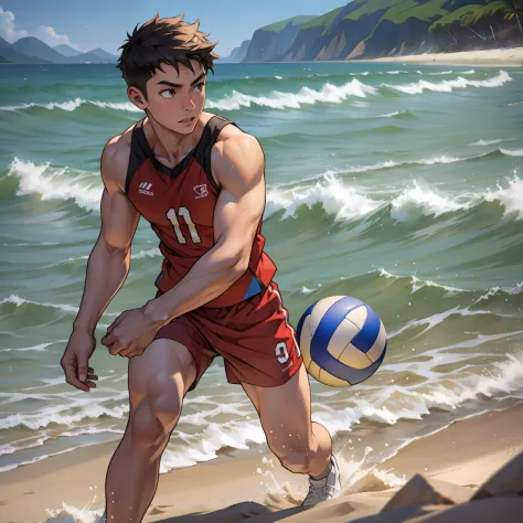 A boy plays volleyball，sandbeach