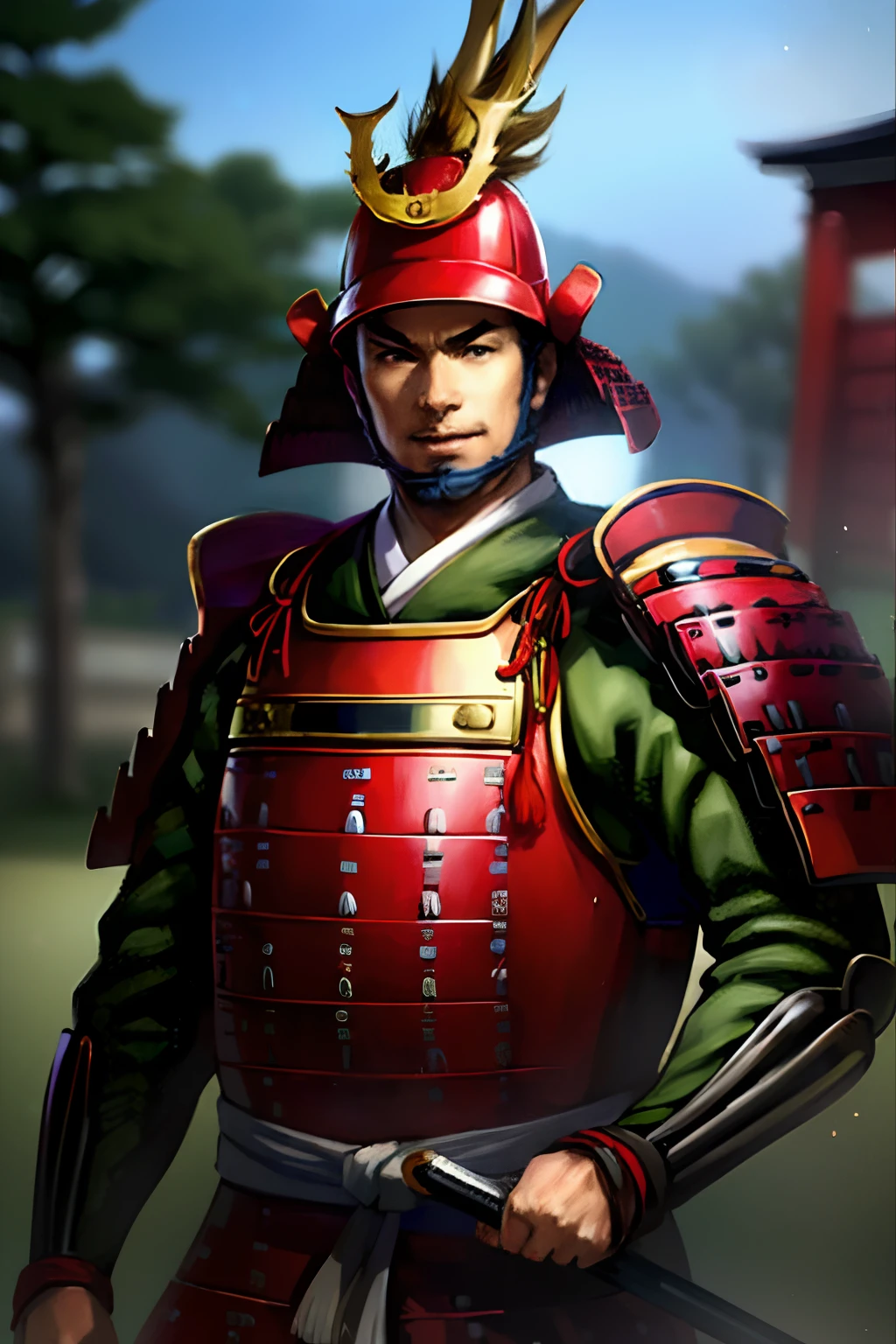 (8K, RAW Photos, top-quality, hight resolution:1.2), (realisitic, Photorealsitic:1.37) , japanese male, japanes, solo, 1 baby boy, Riding a horse,ck, Red Helmet, missiles, solo, green grass　japanese_armor, Green armor,Antlers, 1boy, male_focus, Samurai