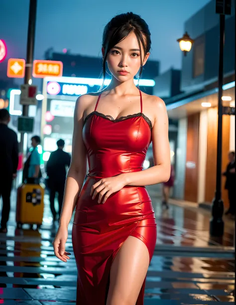 (8k, RAW photo, best quality, masterpiece:1.2), (realistic, photo-realistic:1.37),1girl,cityscape, night, rain, wet, professional lighting, photon mapping, radiosity, Chinese Doll,torn ,chemise, myanmar traditional dress
