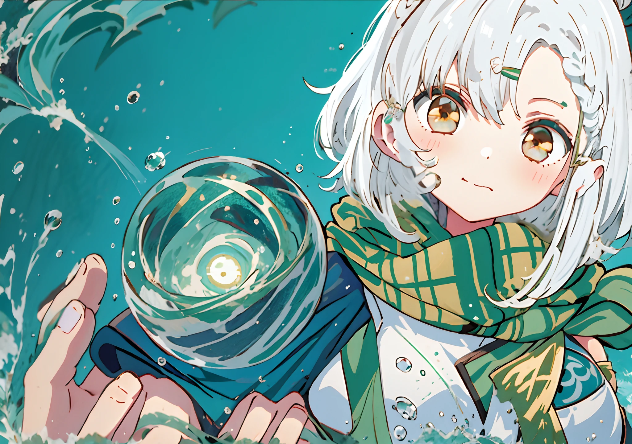 Anime girl holding a crystal ball in her hand, Splash art anime Loli, Official artwork, crisp clear rpg portrait, Best anime 4k konachan wallpaper, Detailed digital anime art, clean and meticulous anime art, 4k manga wallpapers, closeup fantasy with water magic, alchemist girl, water elemental, Detailed key anime art, Pixiv style, Best Rated on pixiv,Yushui，water,((Brown horn)),(((green scarf))),(((White hair))),Short hair,ahoge,((french braid)),((Green hairpins)),(((Golden eyes))),Kana_arima\(oshinoko\)