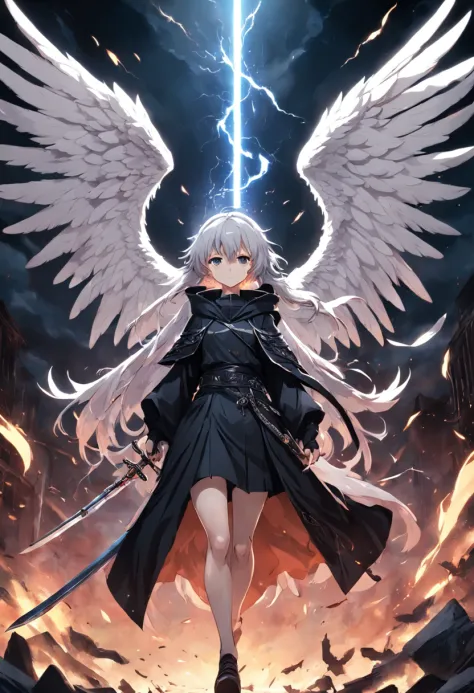 Realistic, 4K, Angels with big wings, Black clothes, one sword, Hood in war background image (chaos)